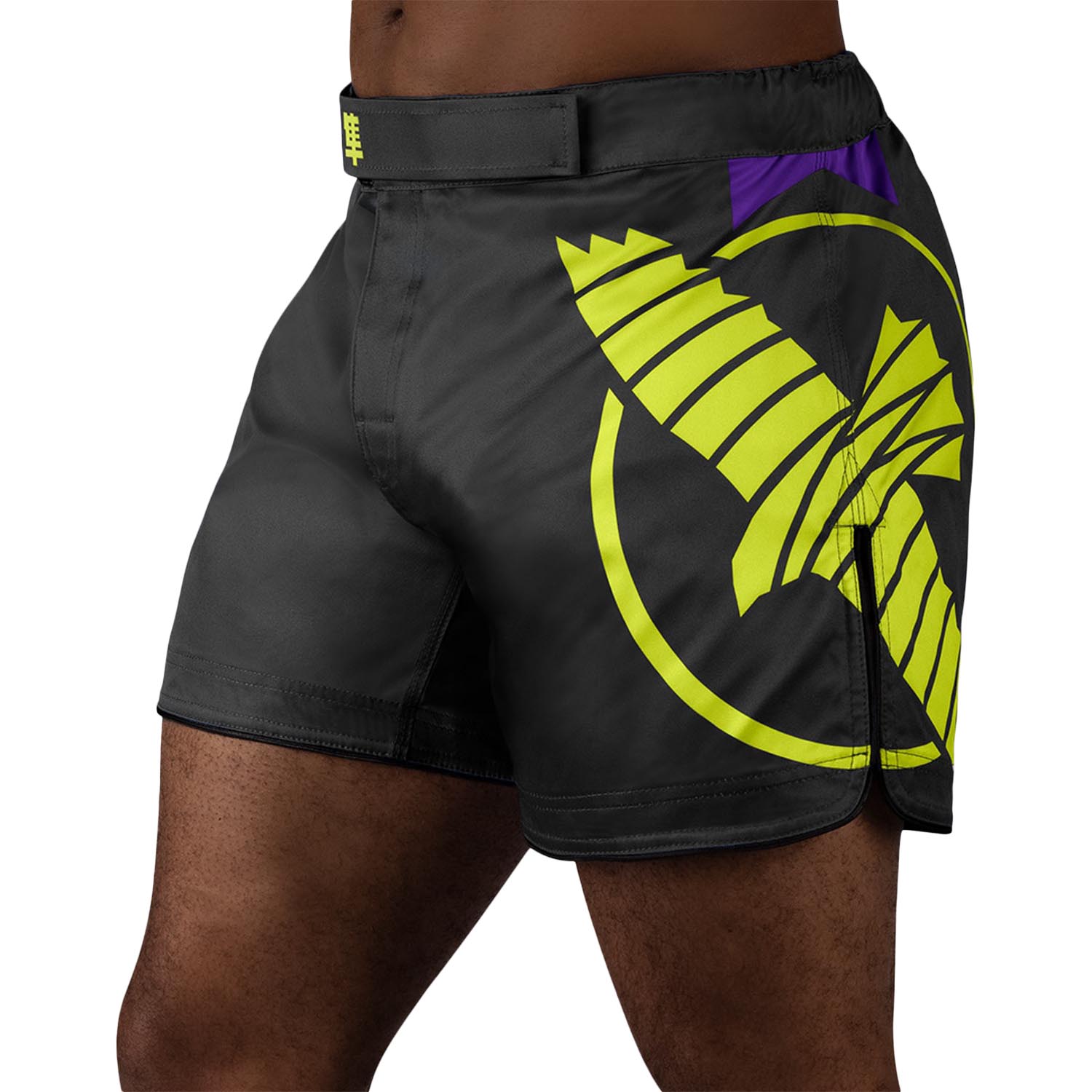 Hayabusa MMA Fight Shorts, Icon, Mid Length, schwarz-neon-gelb
