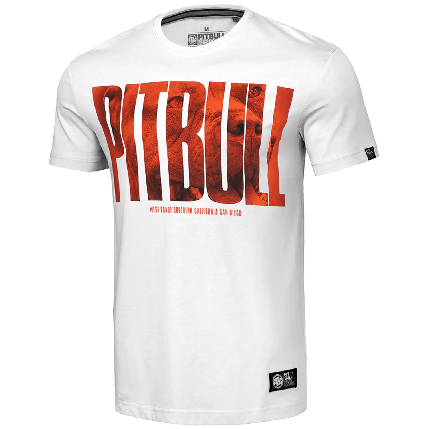Pit Bull West Coast T-Shirt, Orange Dog, Schrift, white