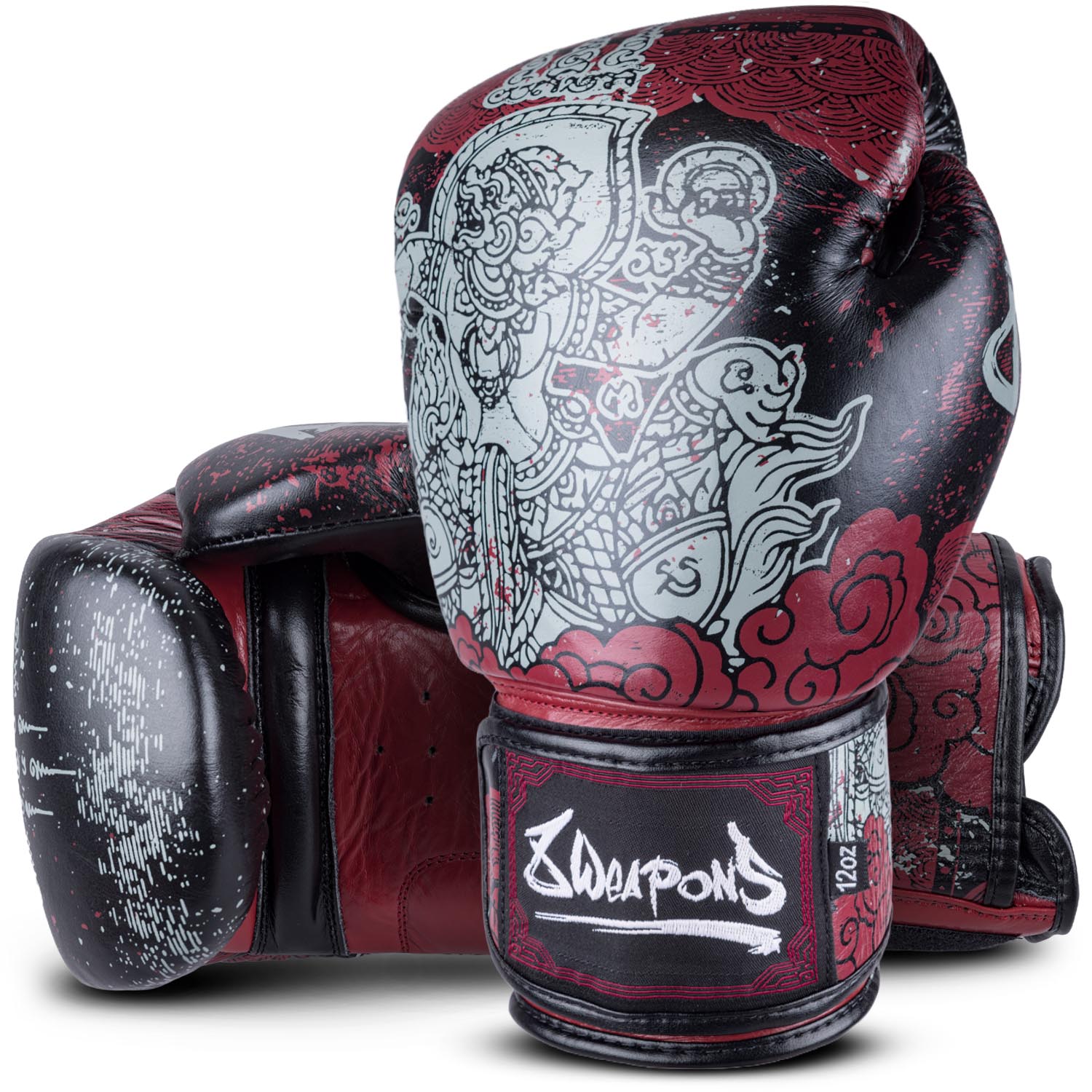 8 WEAPONS Boxing Gloves, Hanuman Yant, black-red, 16 Oz