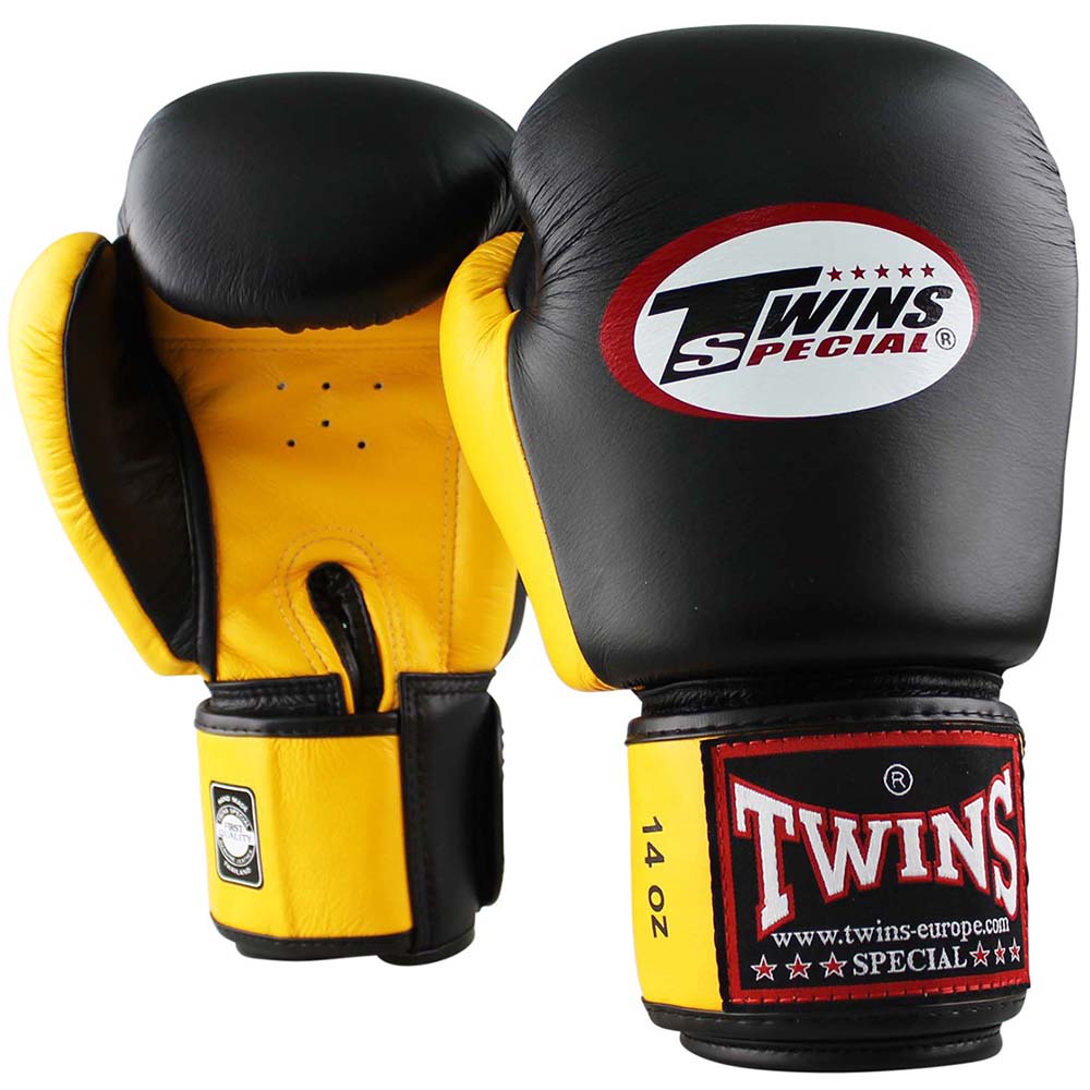 TWINS Special Boxing Gloves, Leather, BGVL-3, black-yellow, 14 Oz