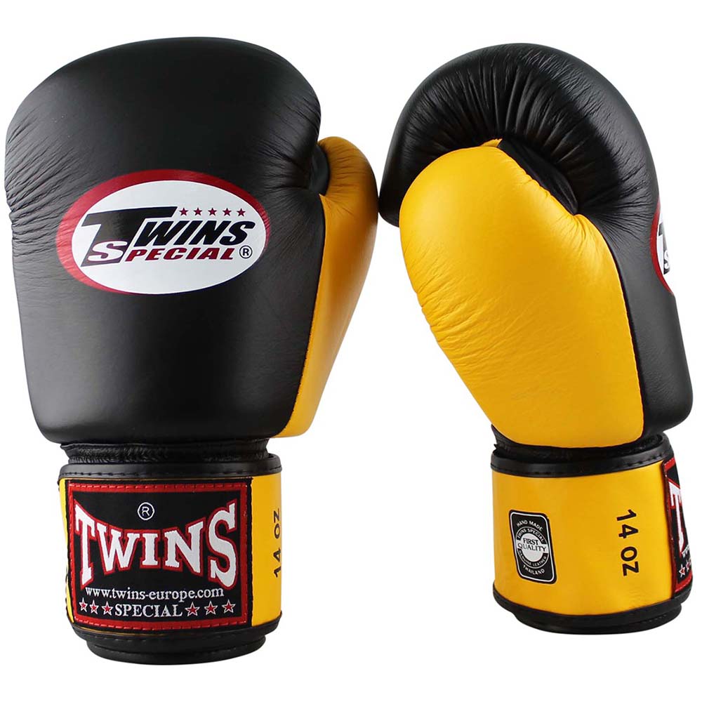 TWINS Special Boxing Gloves, Leather, BGVL-3, black-yellow, 16 Oz