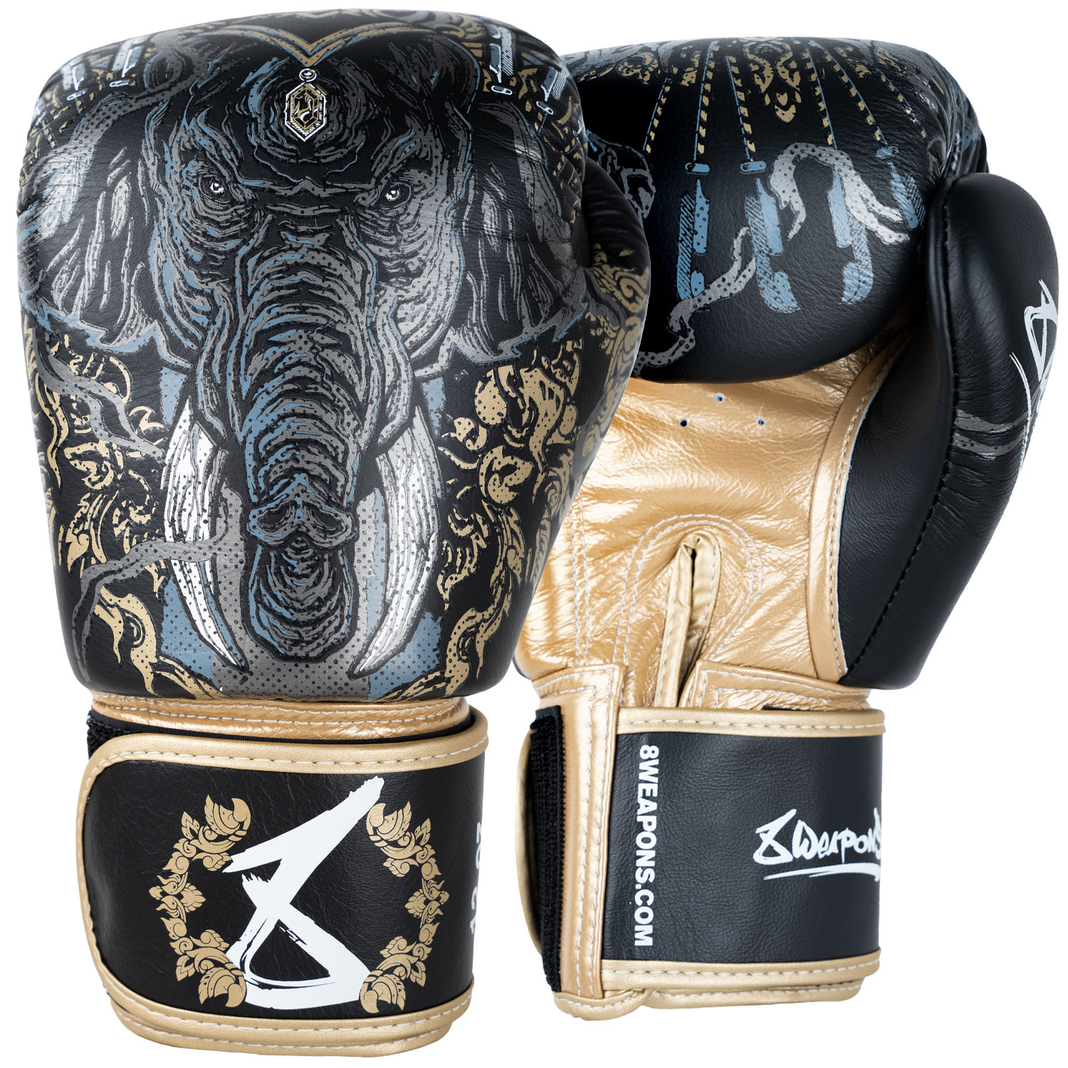 8 WEAPONS Boxing Gloves, Three Elephants 2.0, black-gold, 14 Oz