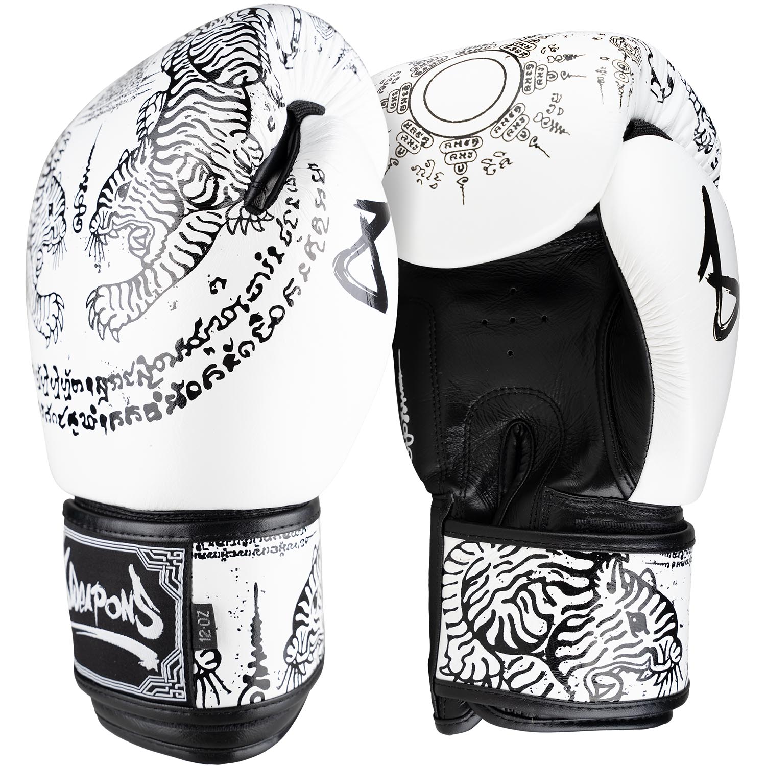 8 WEAPONS Boxing Gloves, Sak Yant Tigers, white-black