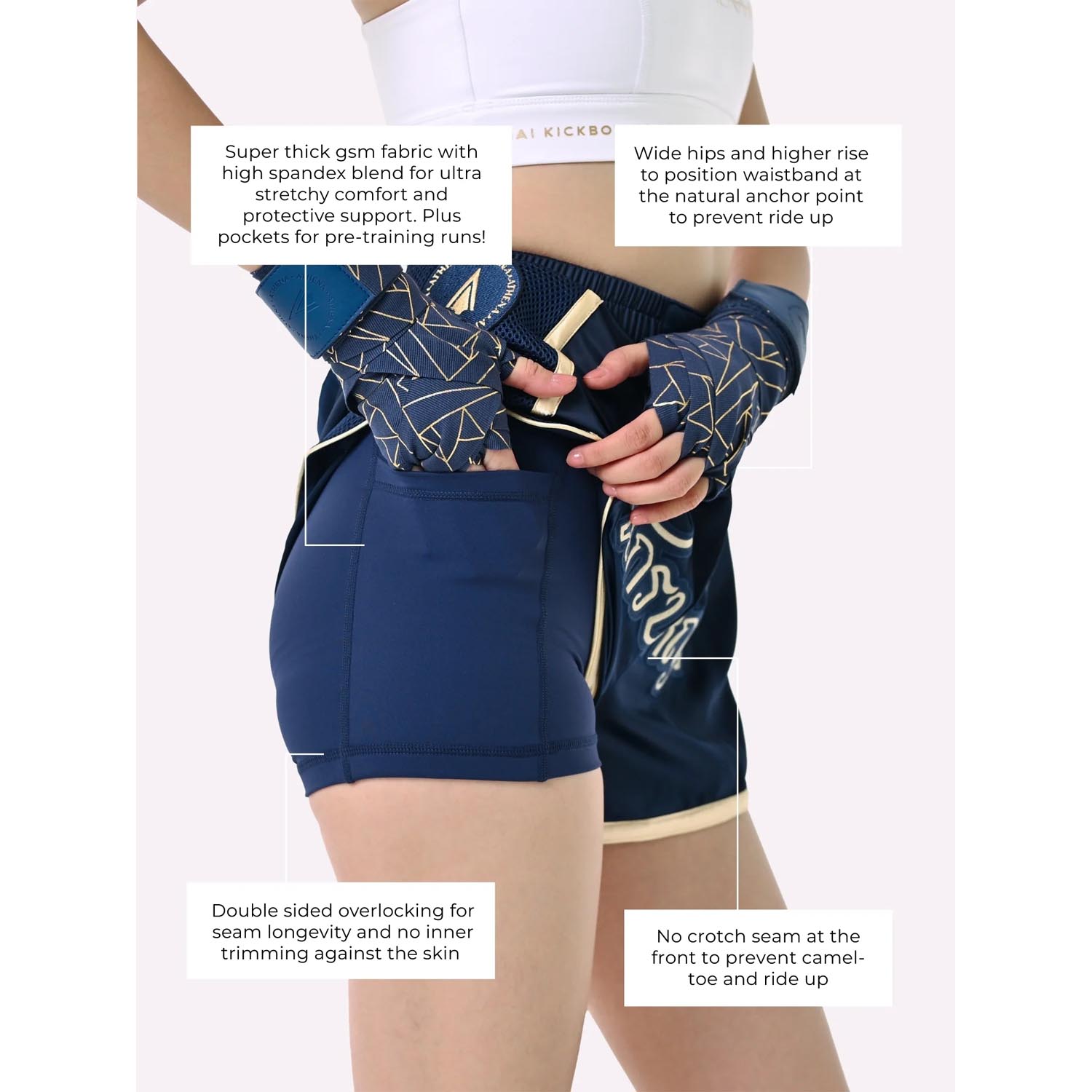 ATHENA Muay Thai Shorts, Woman, Artemisia, navy-gold, XS