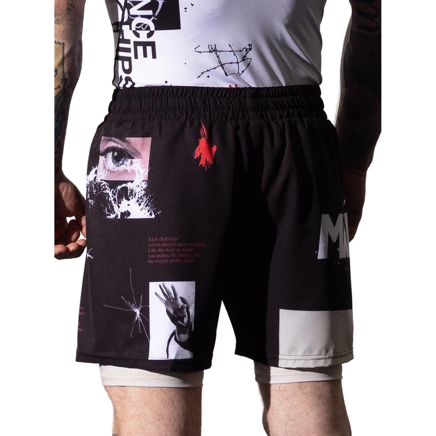 MANTO MMA Fight Shorts, Overcome, black-white, S
