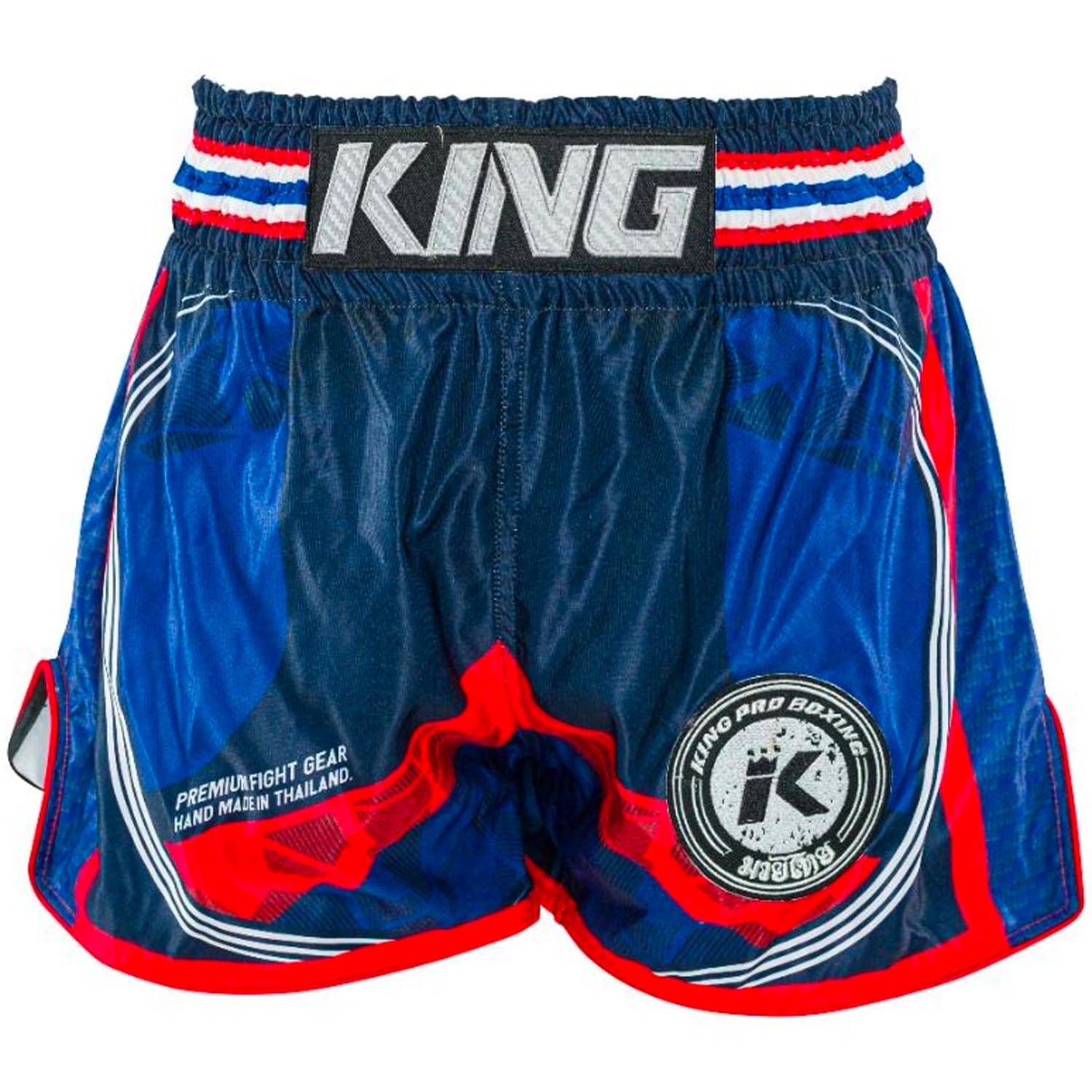 KING PRO Boxing Muay Thai Shorts, Flag 2, blau-rot, L