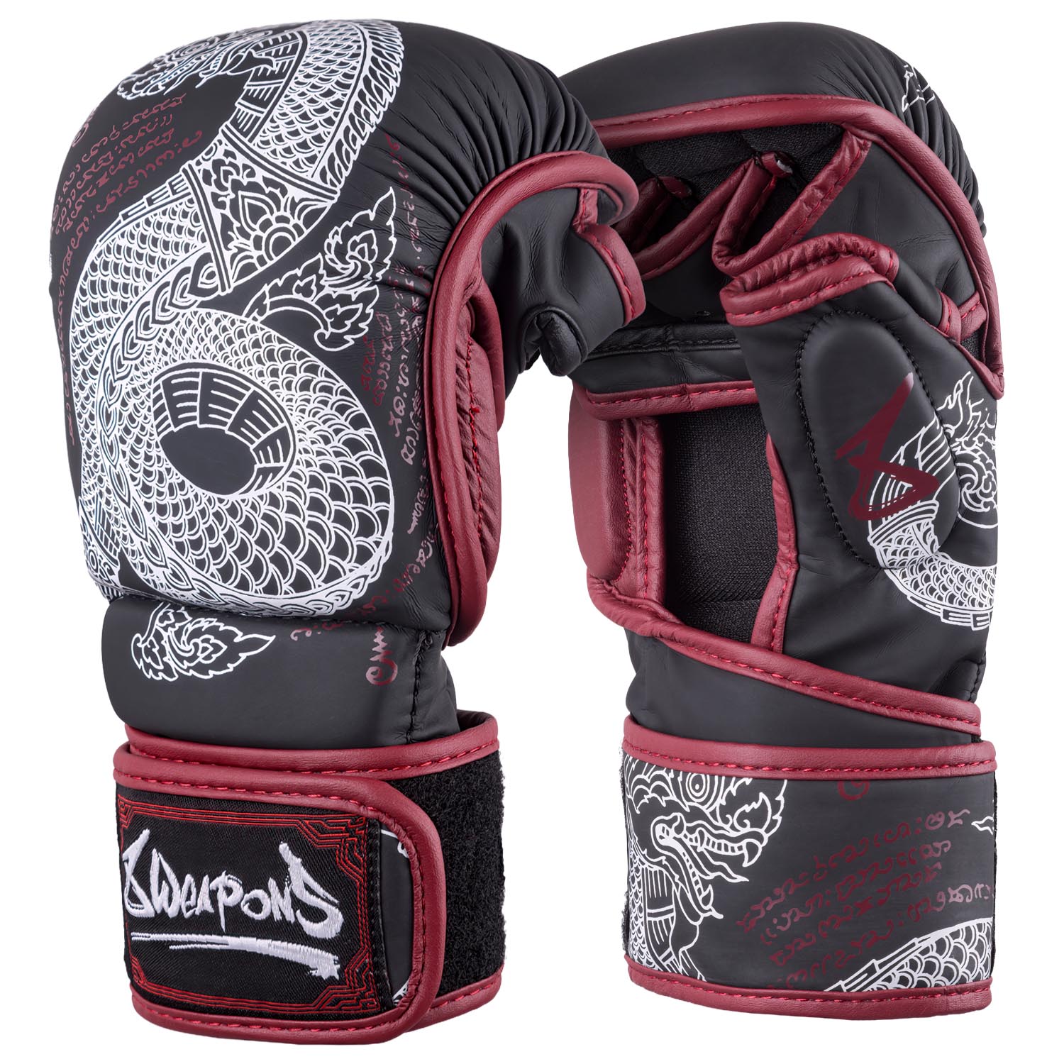 8 WEAPONS MMA Sparring Gloves, Sak Yant Naga, black-maroon