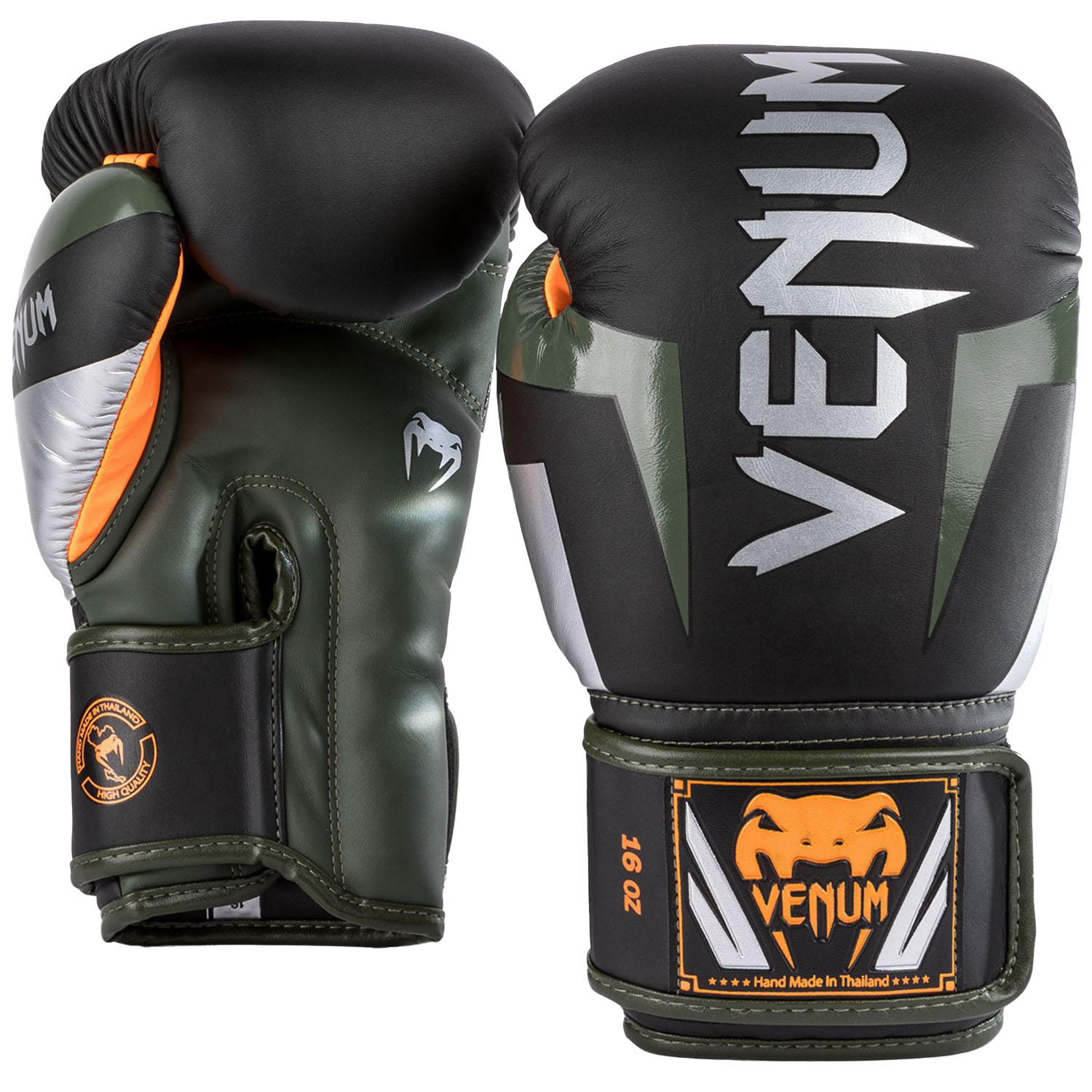 VENUM Boxing Gloves, Elite, black-silver-Khaki, 10 Oz