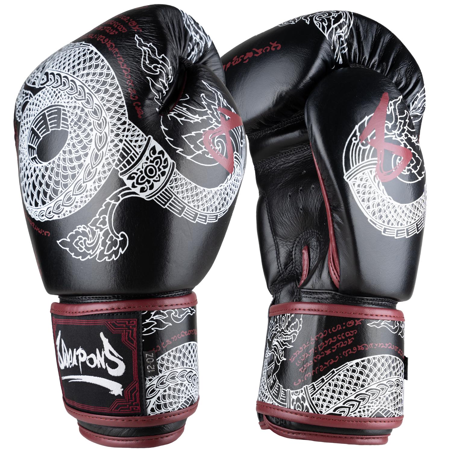 8 WEAPONS Boxing Gloves, Sak Yant Naga, black-maroon