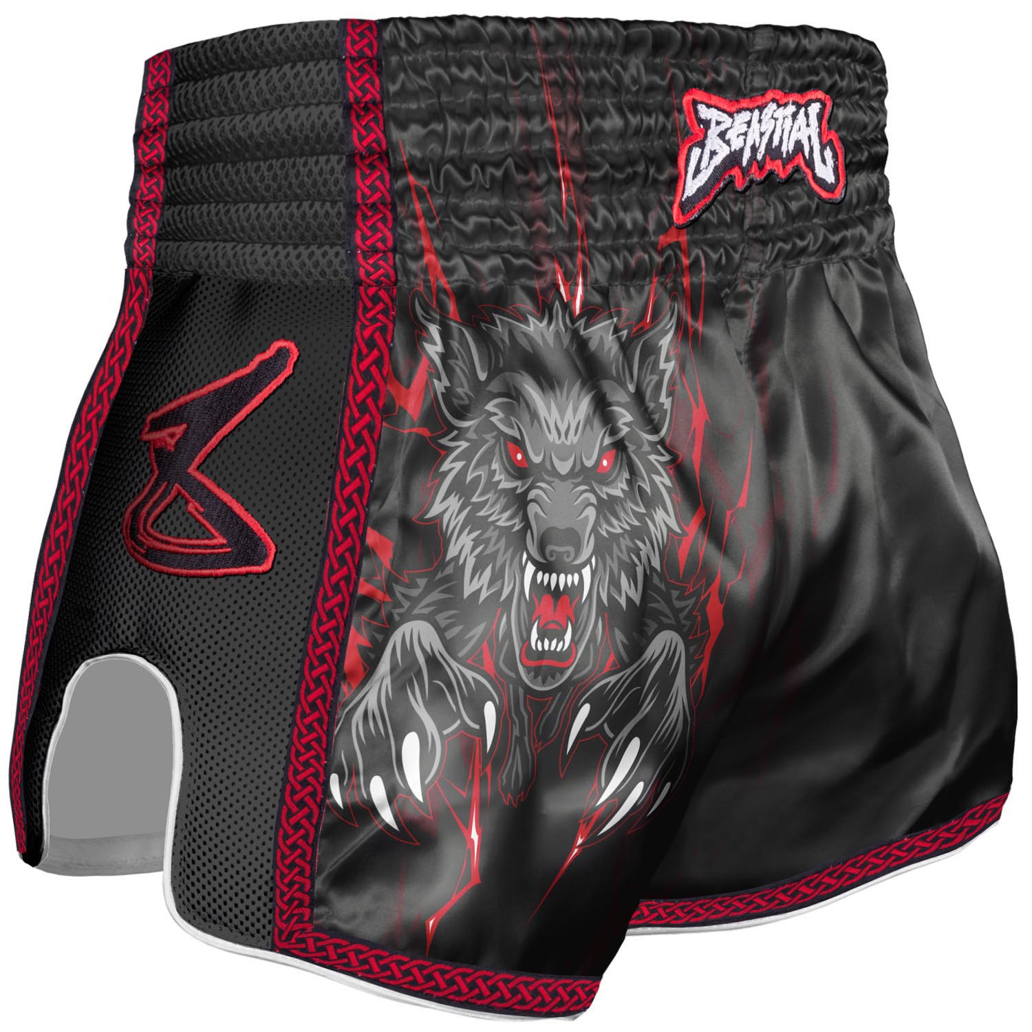 8 WEAPONS Muay Thai Shorts, Kids, Beastial Wolf, black-red, 6-8 Y