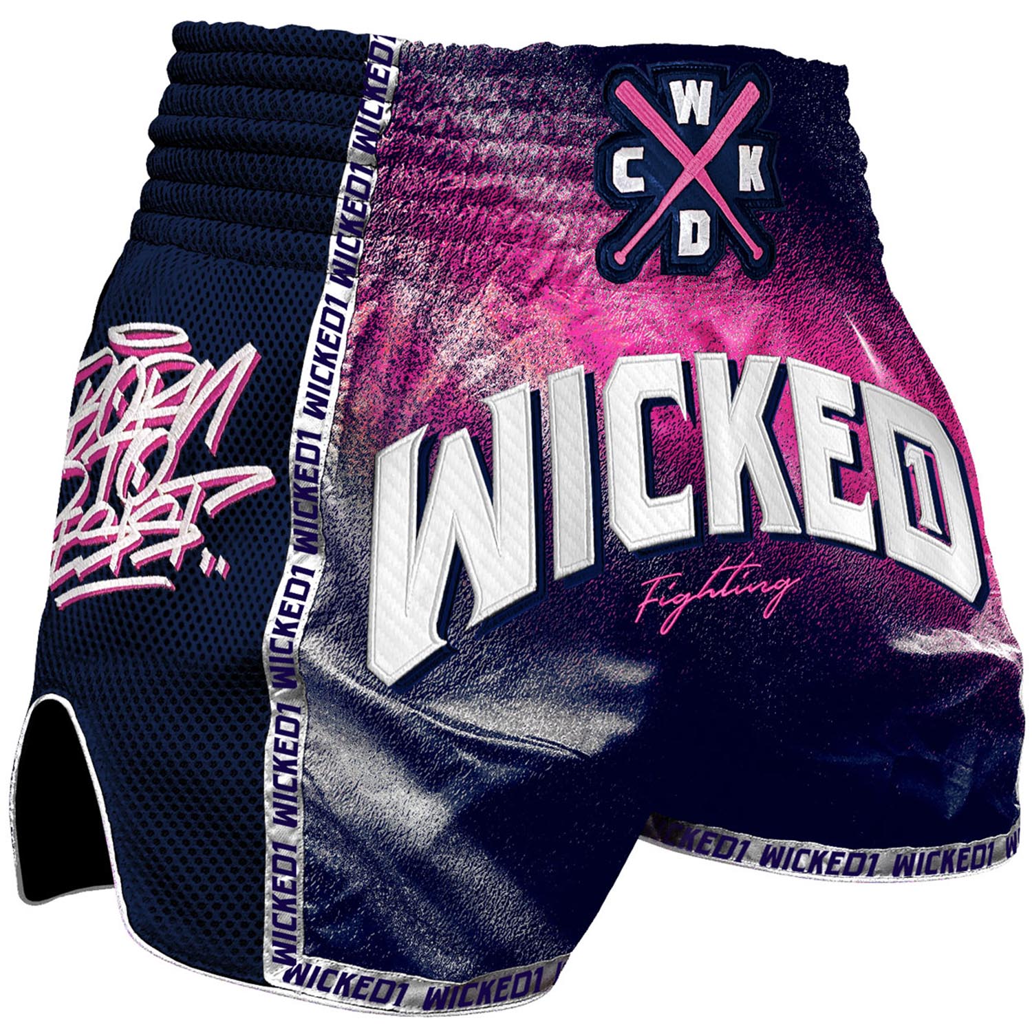 Wicked One Muay Thai Shorts, Spraying, navy-pink