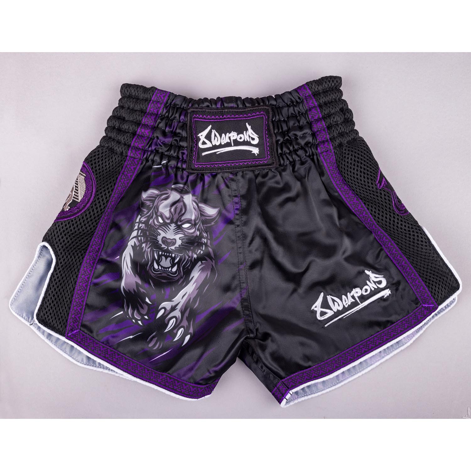 8 WEAPONS Muay Thai Shorts, Kids, Beastial Panther, black-purple, 8-10 Y