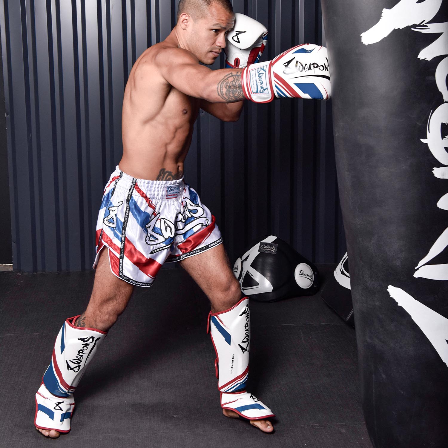 8 WEAPONS Muay Thai Shorts, Shift, white-navy-red, S