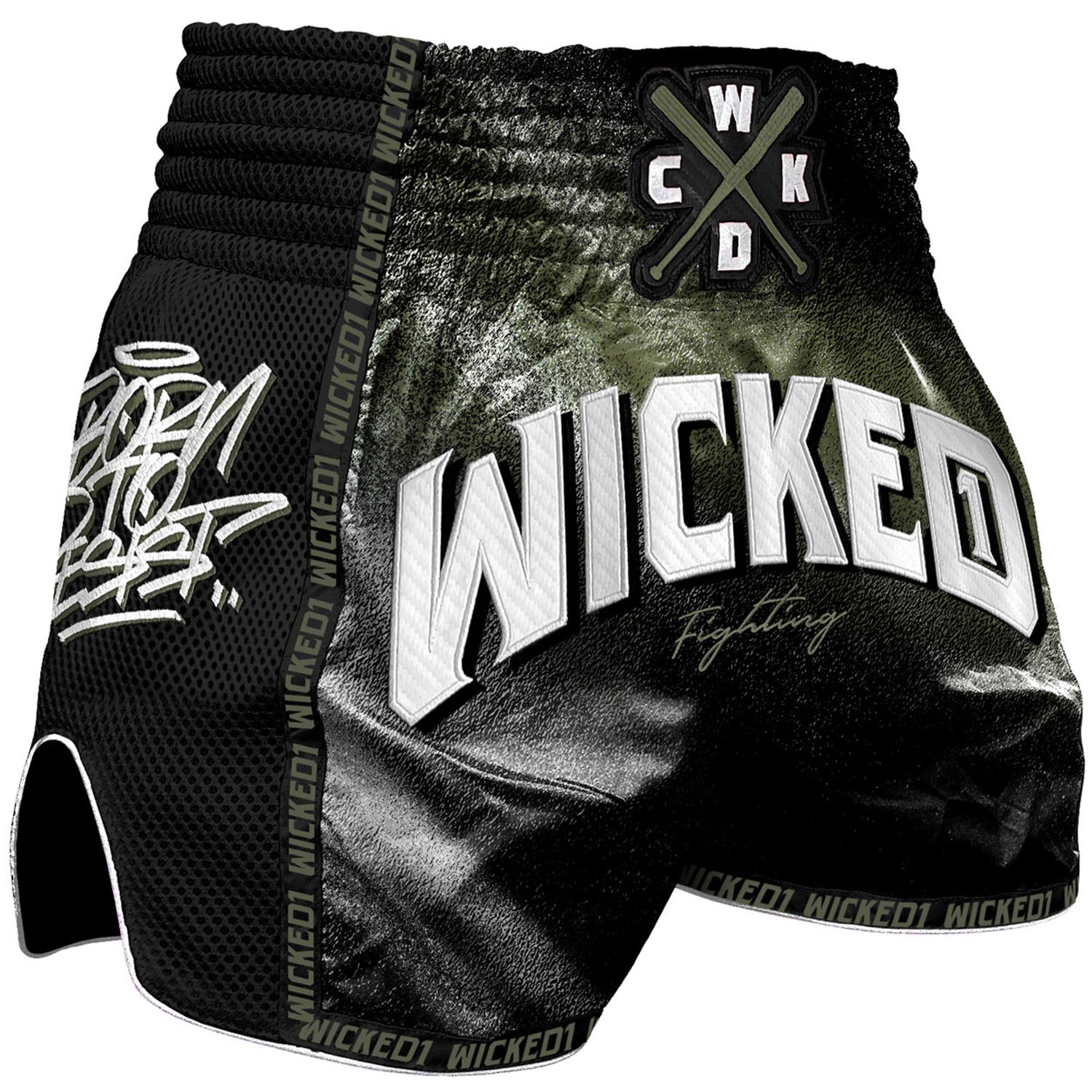 Wicked One Muay Thai Shorts, Spraying, schwarz-khaki
