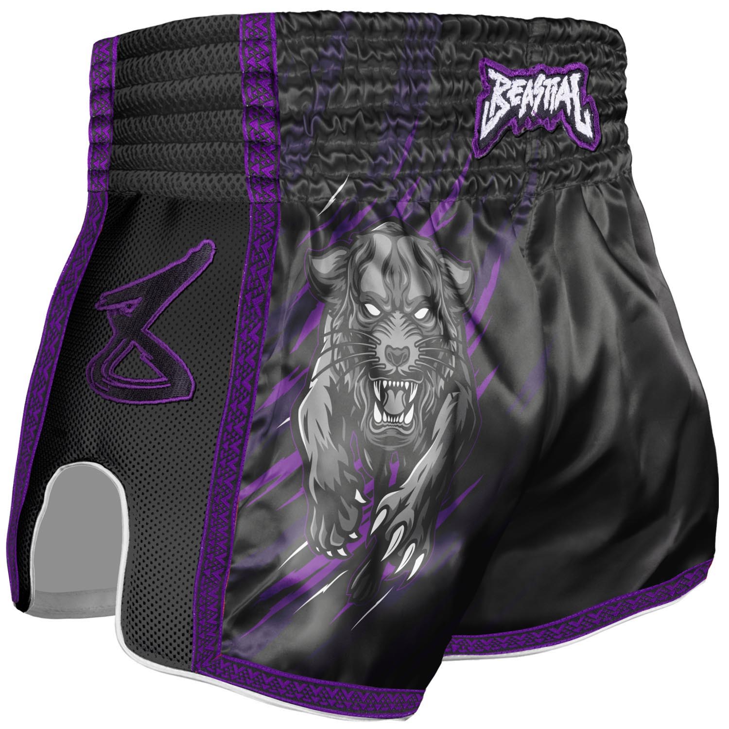 8 WEAPONS Muay Thai Shorts, Kids, Beastial Panther, black-purple, 12-14 Y