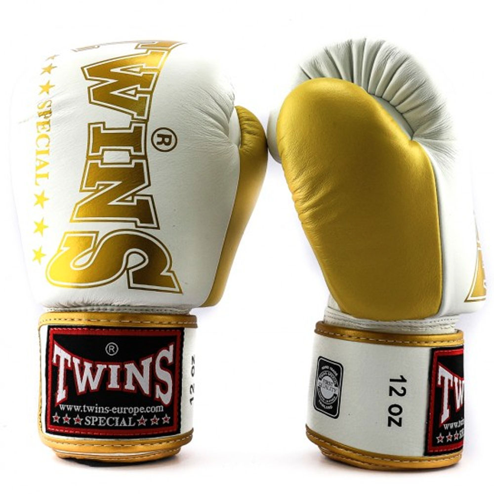 TWINS Special Boxing Gloves, Leather, BGVL-8, white-gold, 12 Oz