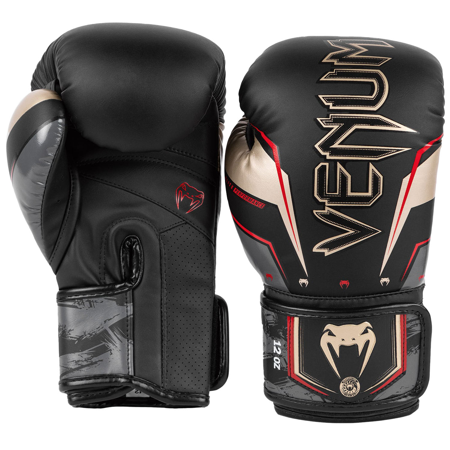VENUM Boxing Gloves, Elite Evo, black-gold-red, 12 Oz