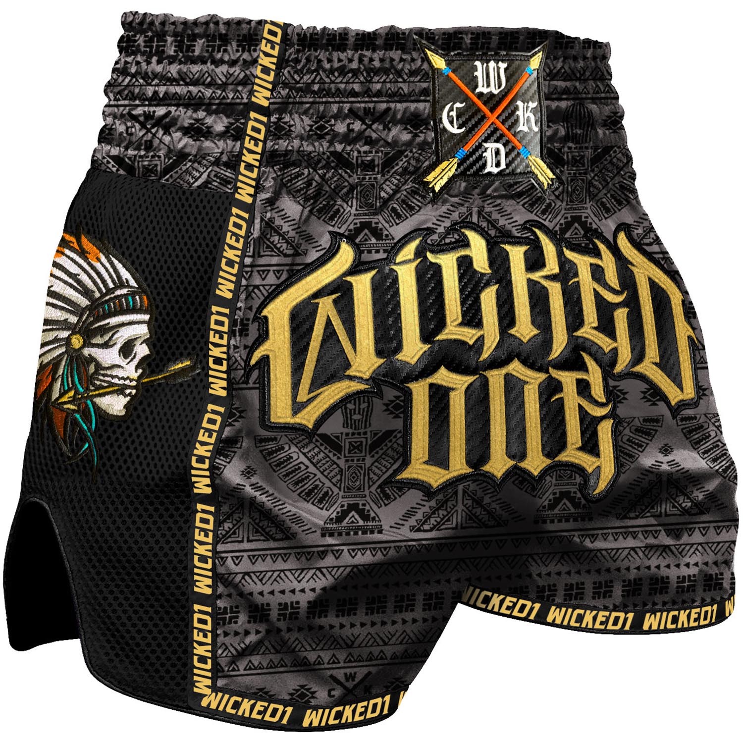 Wicked One Muay Thai Shorts, Indian Skull, schwarz-gold