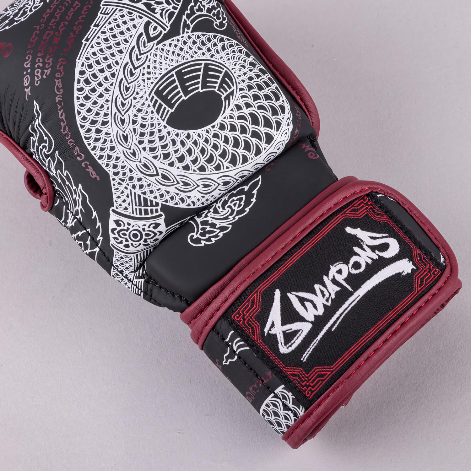 8 WEAPONS MMA Sparring Gloves, Sak Yant Naga, black-maroon, XL