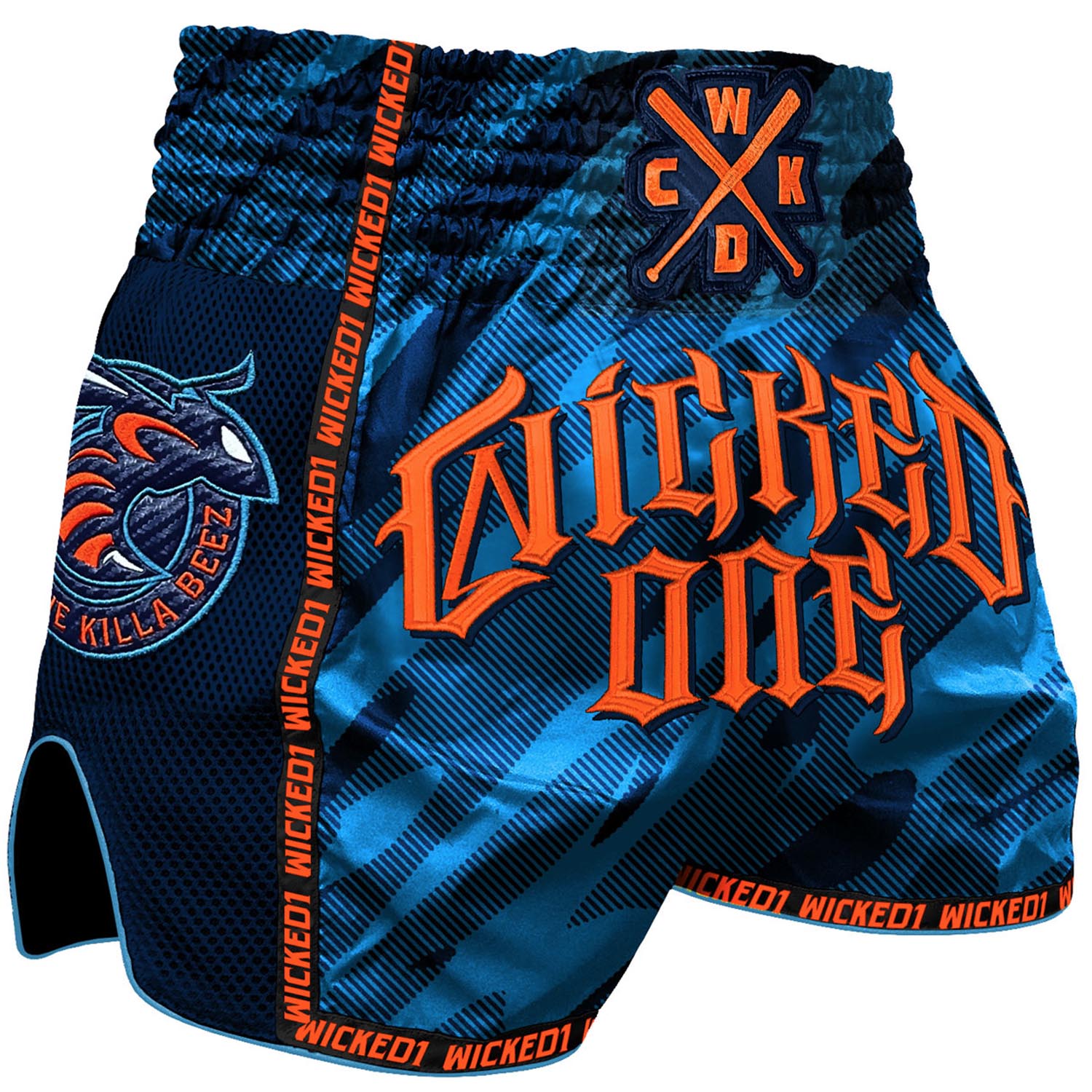 Wicked One Muay Thai Shorts, Killa Beez, blau-orange, S