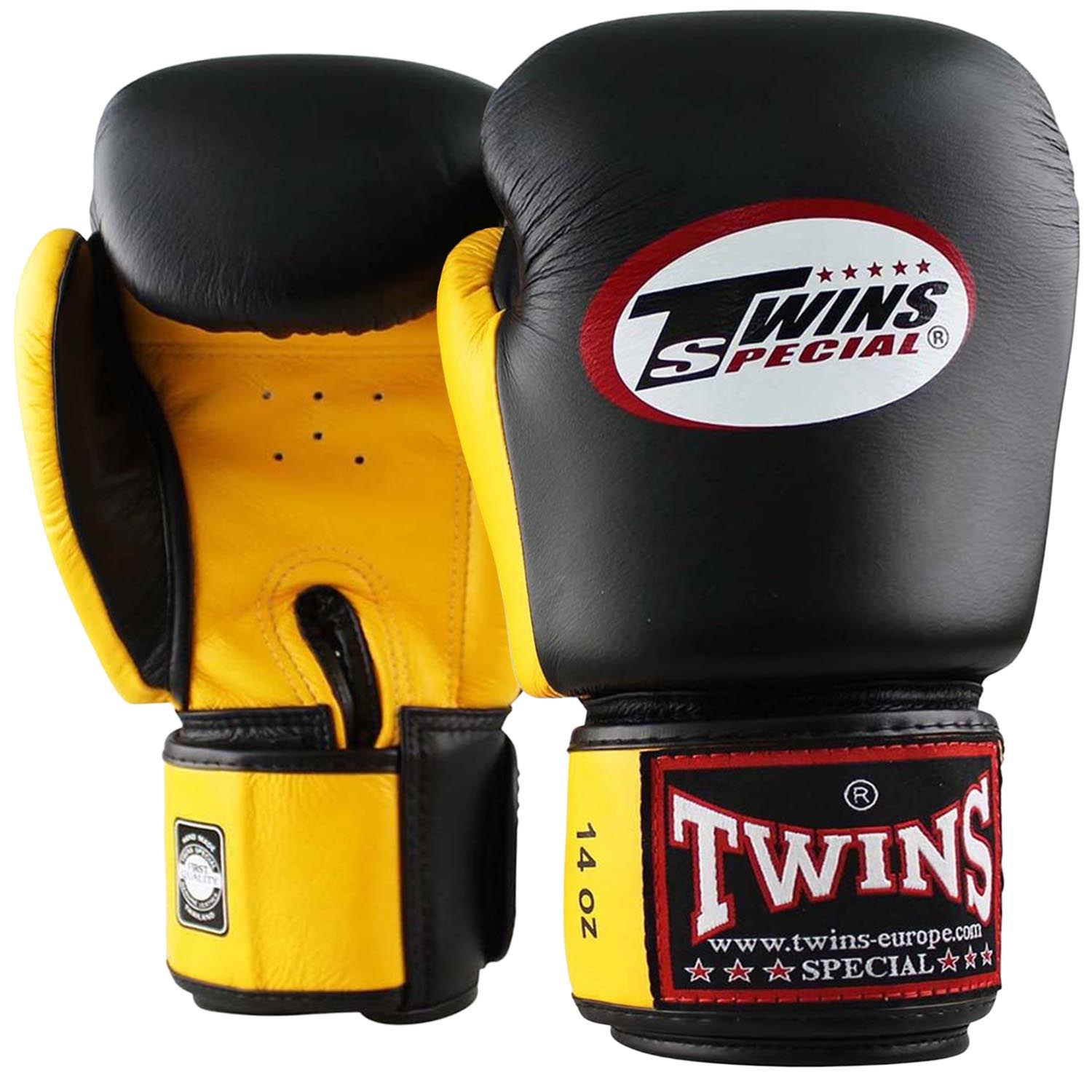 TWINS Special Boxing Gloves, Leather, BGVL-3, black-yellow, 16 Oz